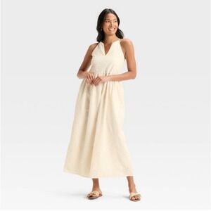 Beachy Shell Womens Eyelet Maxi Dress Cream V Neck Tie Back Size M